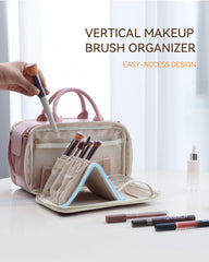 Prite makeup bag pink large free-standing brush holder in use