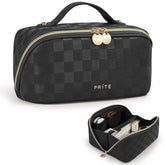 Prite makeup bag plaid black open-flat view keeps cosmetics visible and accessible