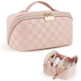 Prite Makeup Bag plaid pink open-flat layout for quick access to cosmetics.