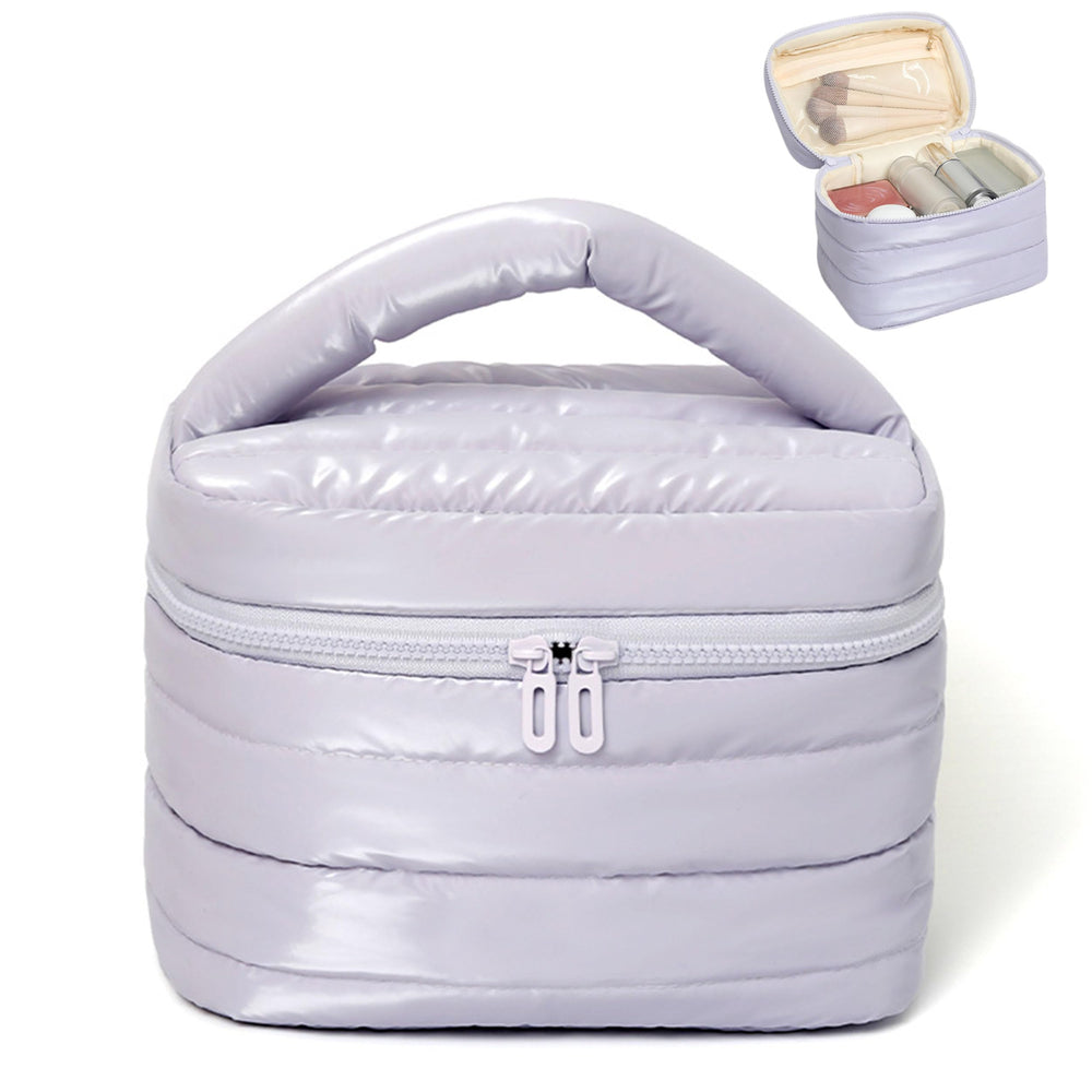 Prite Makeup Bag water-resistant fabric protects cosmetics during travel.