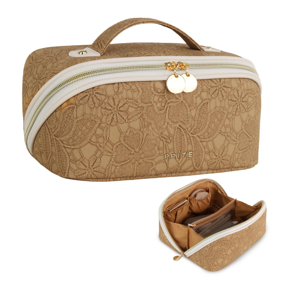 Prite travel cosmetic bag with brown flower pattern protects cosmetics and keeps them organized while traveling.