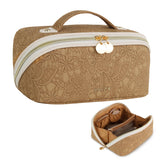 Prite travel cosmetic bag with brown flower pattern protects cosmetics and keeps them organized while traveling.