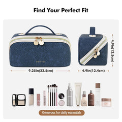 Prite travel cosmetic bag clear divider close-up highlighting brush containment.
