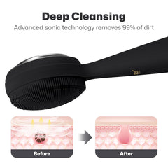 PRITECH facial cleansing brush back view shows heating mode for soothing facial massage
