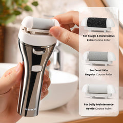 PRITECH USB-rechargeable foot remover enables cordless pedicures anytime.