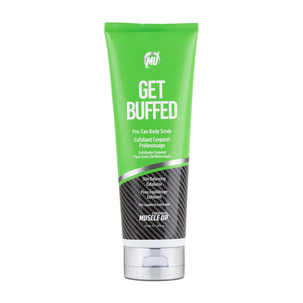 Pro Tan Get Buffed Pre-Tan Body Scrub bottle with natural exfoliants for smoother skin and balanced pH.