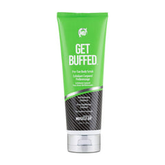 Pro Tan Get Buffed Pre-Tan Body Scrub bottle with natural exfoliants for smoother skin and balanced pH.