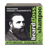 Professor Fuzzworthy's beard shampoo bar packaging highlights Tasmanian ACV for natural cleansing.