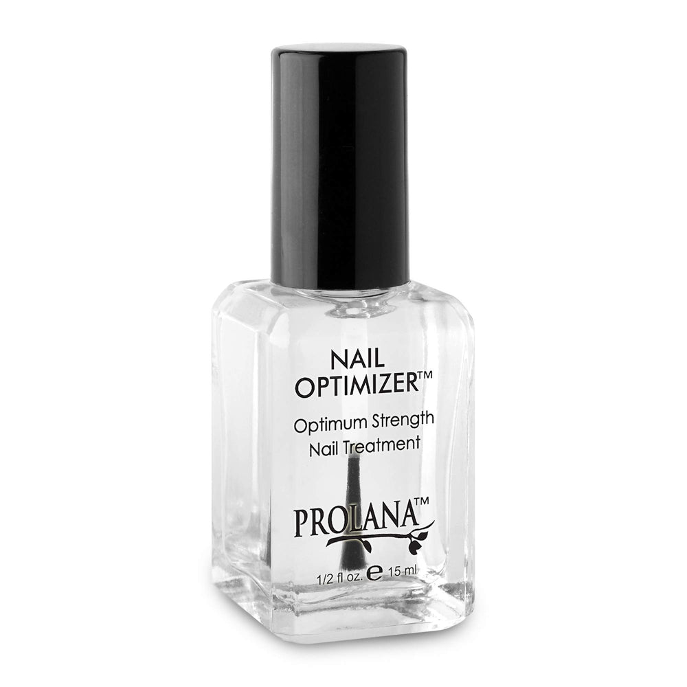 Prolana Nail Optimizer bottle closeup showing clear hardening formula for stronger nails