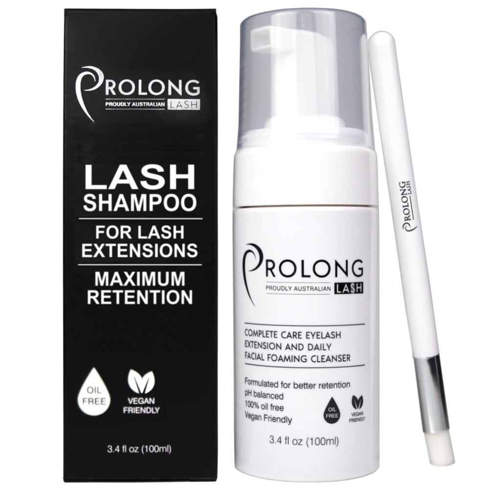 PROLONG LASH eyelash extension shampoo bottle promotes daily clean lashes for longer-lasting extensions