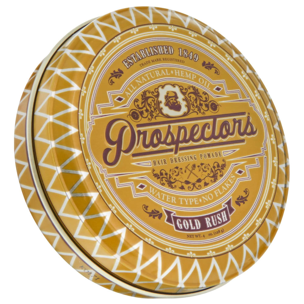 Prospectors Gold Rush Pomade in a tin can delivering light shine and flexible hold for textured styles