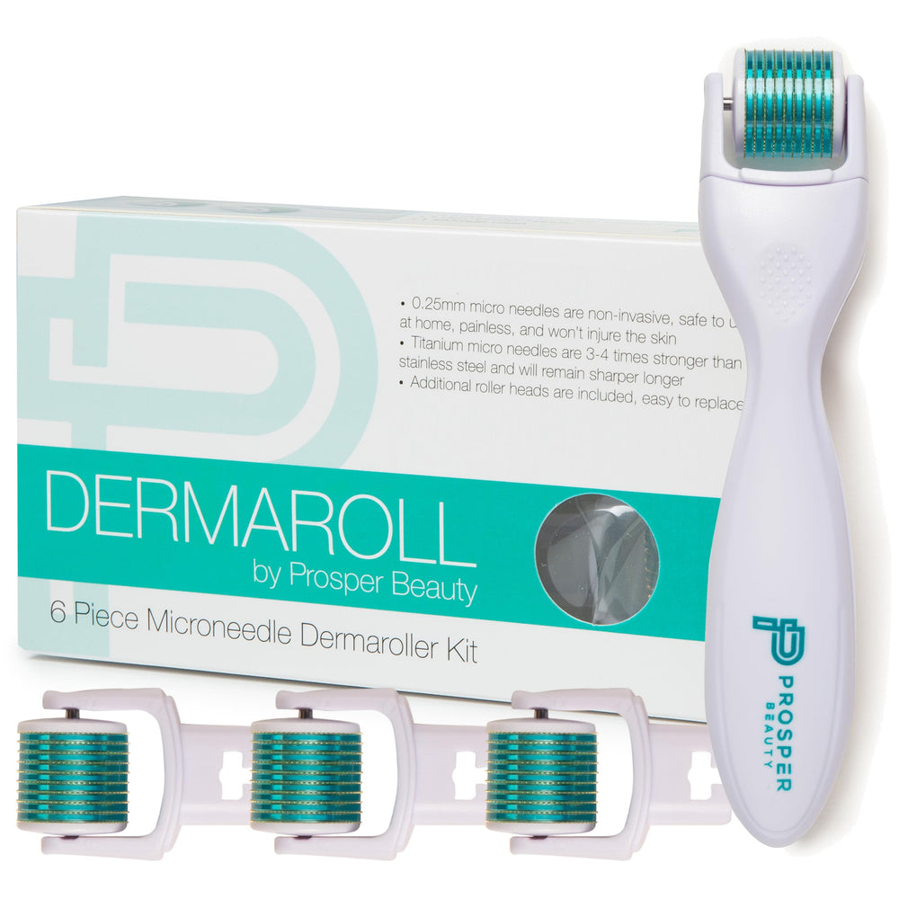Prosper Beauty DermaRoll face roller with precise micro-needles for at-home exfoliation.