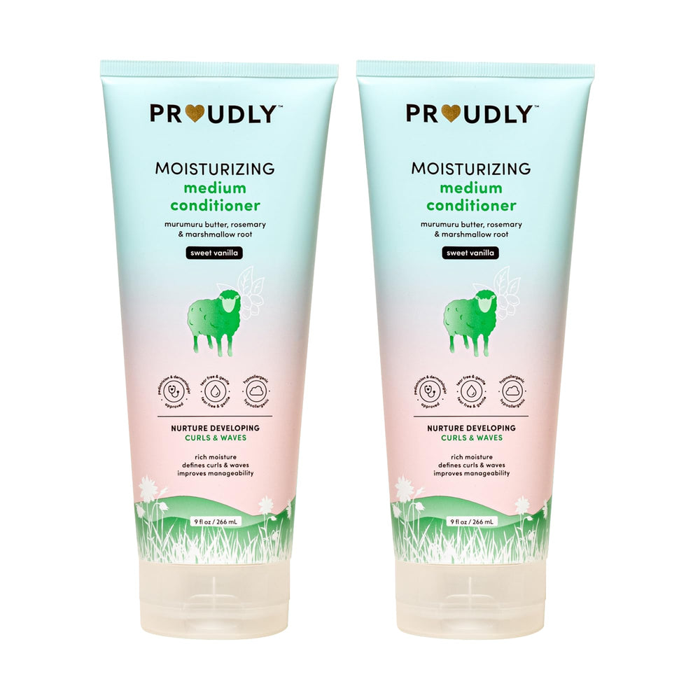 PROUDLY Moisturizing Wavy & Curly Hair Baby Conditioner bottle pour for smooth, lightweight curls.