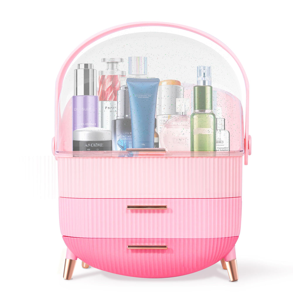 Ptesly Triple Pink makeup organizer top compartment stores tall bottles clearly for quick access