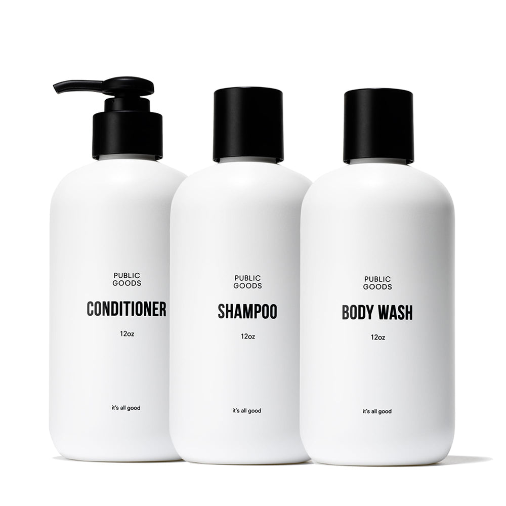 Public Goods shampoo bottle front shows a gentle, sulfate-free cleanse for healthy hair.