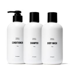 Public Goods shampoo bottle front shows a gentle, sulfate-free cleanse for healthy hair.