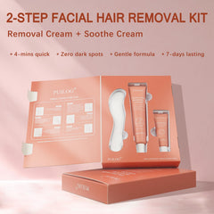 PUILOG facial hair removal cream bottle close-up highlighting painless 4-minute depilation per use