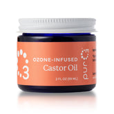 PurO3 ozonated castor oil bottle closeup shows pure skincare potential