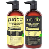 PURA D'OR Advanced Therapy Biotin Shampoo pour bottle showing volumizing formula for thinning hair