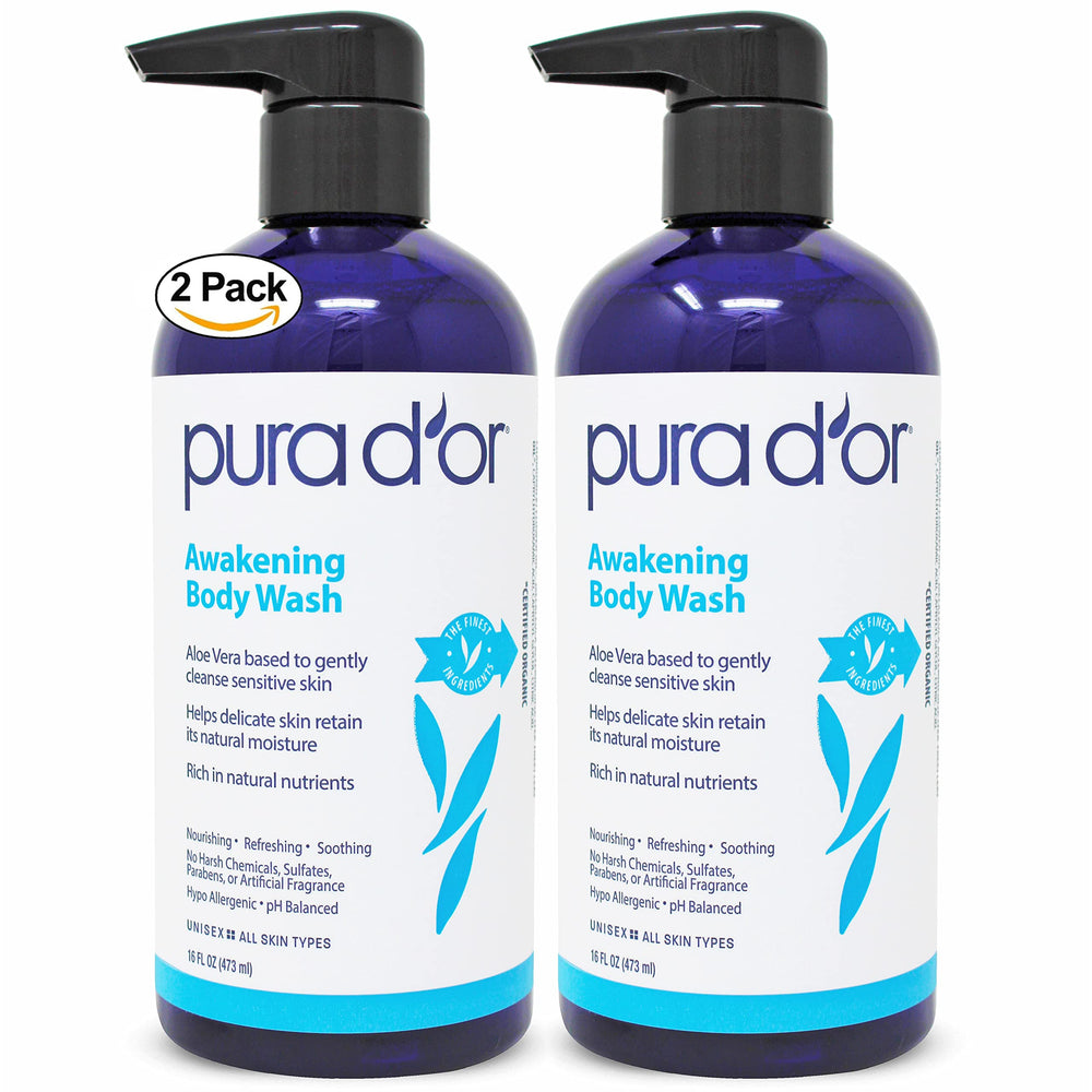 PURA D'OR Awakening Body Wash bottle front offers a refreshing cleanse for hydrated skin