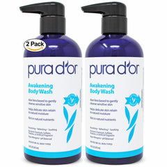 PURA D'OR Awakening Body Wash bottle front offers a refreshing cleanse for hydrated skin