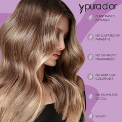 PURA D'OR conditioner with Biotin Keratin Caffeine bottle highlights stronger-looking strands.