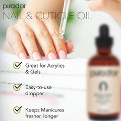 PURA D'OR cuticle oil close-up promotes hydrated cuticles and smoother nail beds.