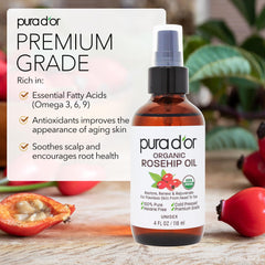 PURA D'OR Rosehip Seed Oil used for hair-relaxer to tame frizz.