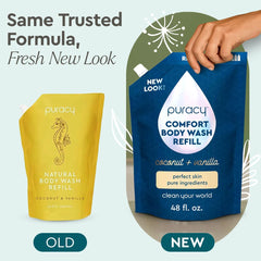 Puracy Body Wash plant ingredients label highlights 98.6% plant-powered formula.