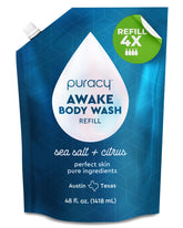 Puracy body wash refill 48oz bottle shows large family-size cleansing with plant-based ingredients.