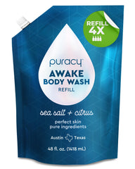 Puracy body wash refill 48oz bottle shows large family-size cleansing with plant-based ingredients.