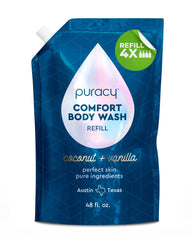 Puracy Body Wash refill bottle with coconut vanilla scent for eco-friendly showers.