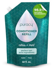 Puracy conditioner bottle on a bathroom shelf delivering silky, manageable hair.