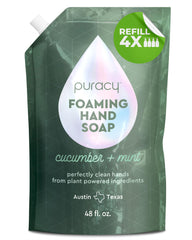 Puracy Foaming Hand Soap refill bottle shows cucumber mint scent for refreshing handwashing.