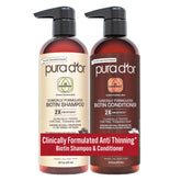 PURA D'OR biotin shampoo bottle front highlighting double-concentration for thicker-looking hair.