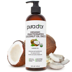 PURA D'OR fractionated coconut oil bottle for lightweight skin and hair hydration