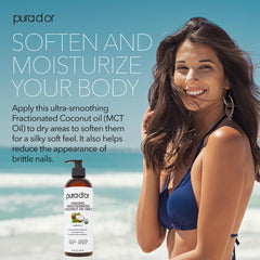 PURA D'OR fractionated coconut oil being poured for fast absorption on skin