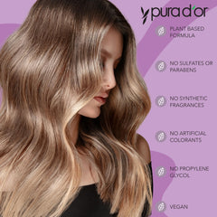 PURA D'OR purple shampoo bottle close-up shows sulfate-free formula for gentle cleansing