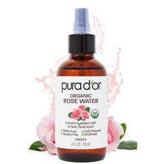 PURA D'OR Rose Water Toner bottle closeup highlighting hydrating, skin-refreshing promise.