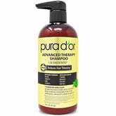 PURA D'OR Advanced Therapy Shampoo bottle front promotes thicker, healthier hair.