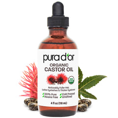 PURA D'OR Castor Oil bottle showcasing pure, hexane-free formula for conditioning lashes