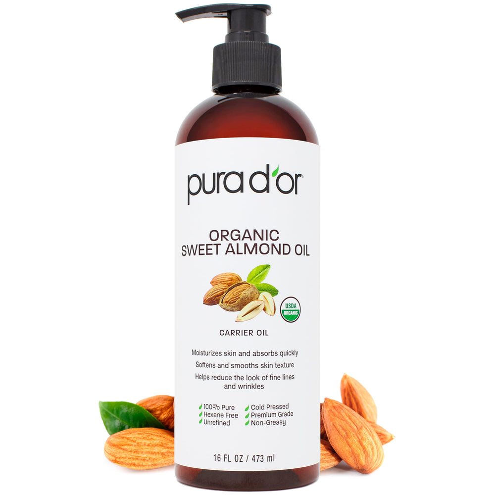 PURA D'OR Sweet Almond Oil bottle front displaying pure organic oil for skin and hair care.