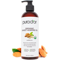 PURA D'OR Sweet Almond Oil bottle front displaying pure organic oil for skin and hair care.