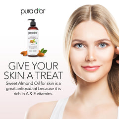 PURA D'OR Sweet Almond Oil drops on hand illustrating moisturizing application.