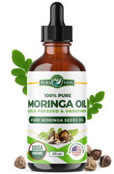 PURA VIDA MORINGA oil bottle front showing purity for skin, hair, and nails