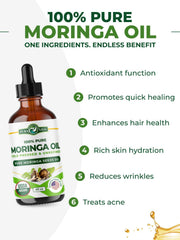 PURA VIDA MORINGA oil label closeup highlights USDA Organic single-origin claim