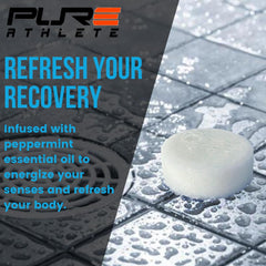 Pure Athlete peppermint shower steamer unwrapped reveals minty aroma for quick rituals.