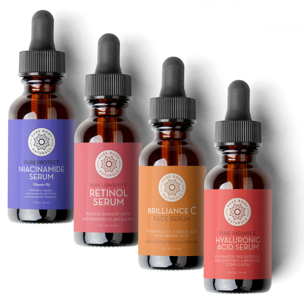 Pure Body Naturals hyaluronic acid serum bottle pour promotes deep hydration and smooth skin.
