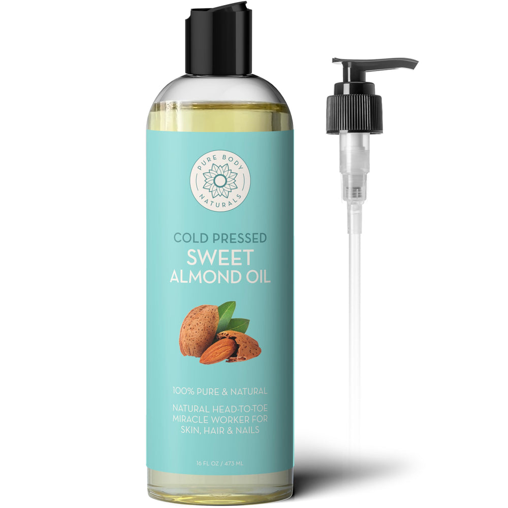 Pure Body Naturals Sweet Almond Oil bottle with pump for easy, mess-free moisturization.
