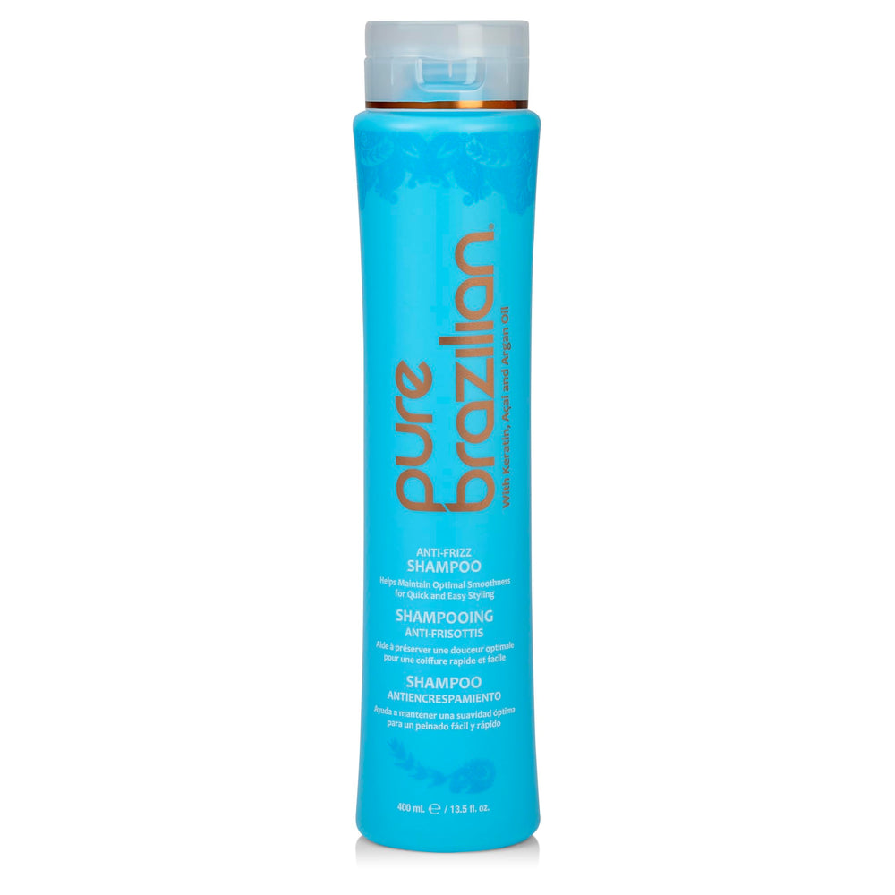 Pure Brazilian Anti-Frizz Daily Shampoo bottle shows salt-free formula for hydrated hair.